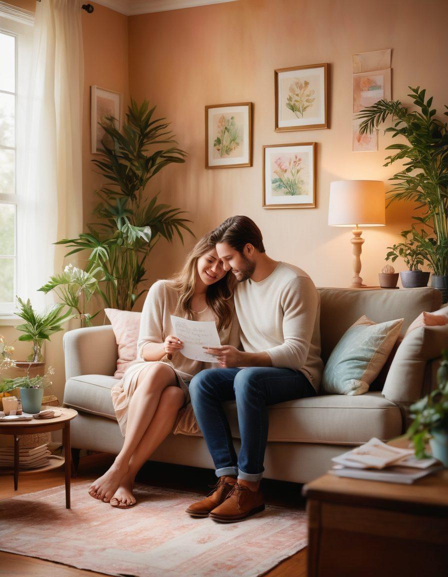 A warm, cozy living room scene with a couple sharing a heartfelt moment, surrounded by soft lighting and personal mementos that signify love, like photographs and love letters. Include elements of nature, like plants or flowers, symbolizing growth and connection. The atmosphere should evoke intimacy and warmth, showcasing the beauty of shared feelings. watercolor painting. soft pastels. intimate ambiance.