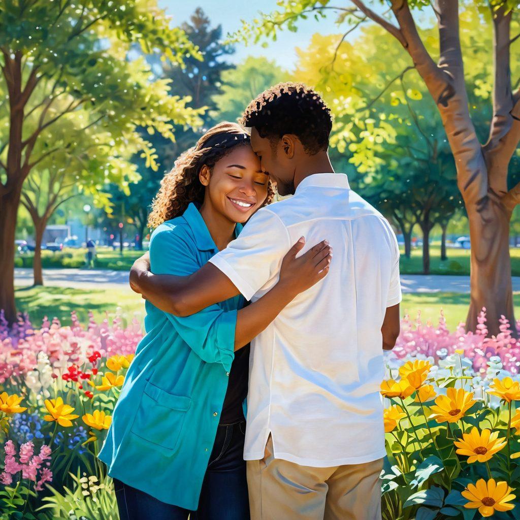 A serene scene of two people sharing a warm embrace in a sunlit park, surrounded by blooming flowers symbolizing gratitude and kindness. Include a soft glow around them to represent trust, with gentle colors that evoke warmth and positivity. The background features a community of diverse people exchanging smiles and small acts of kindness. soft focus. vibrant colors. painting.