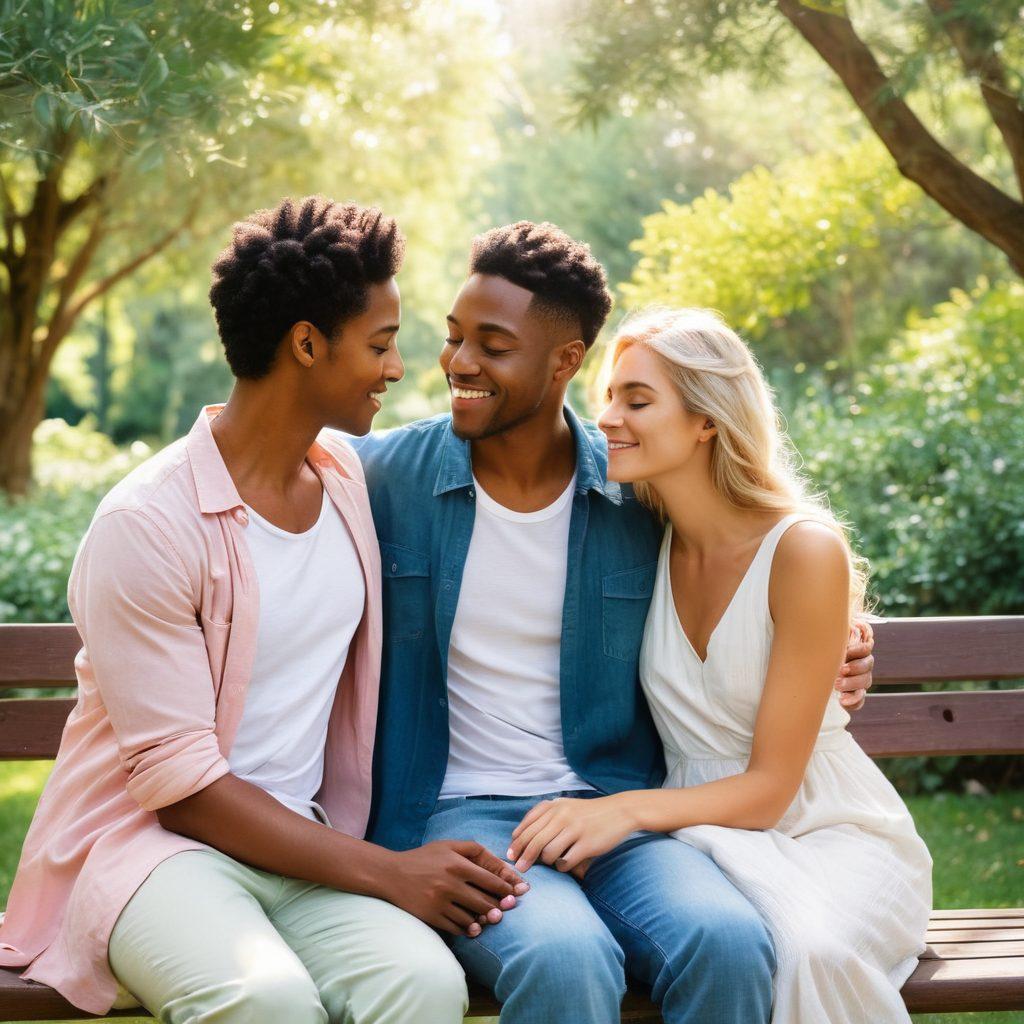 A serene scene depicting two diverse couples embracing compassion and support in a lush park. One couple exchanges tender glances while sharing a heartfelt moment, and the other engages in a comforting conversation on a bench. Soft sunlight filters through the trees, casting a warm glow on their expressions, symbolizing transformative intimacy. Flowers bloom around them, representing love and hope. watercolor style. soft pastels. natural lighting.